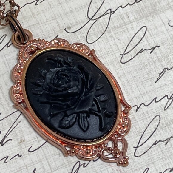 Gothic Steampunk Halloween Rose Gold Necklace Black Rose Cameo Witch Jewelry New - Picture 9 of 16
